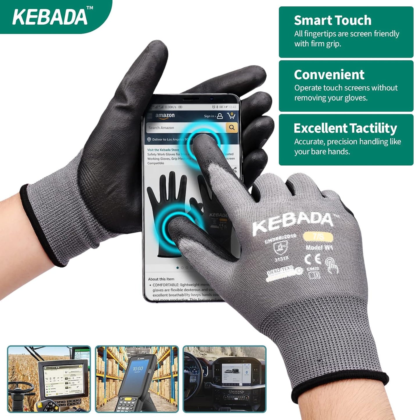Kebada W1 Work Gloves for Men and Women, PU Coated Safety Gloves with Grip, Touchscreen, Ideal for Warehouse Package Handling, Construction, Gardening, 12 Pairs, Gray X-Small