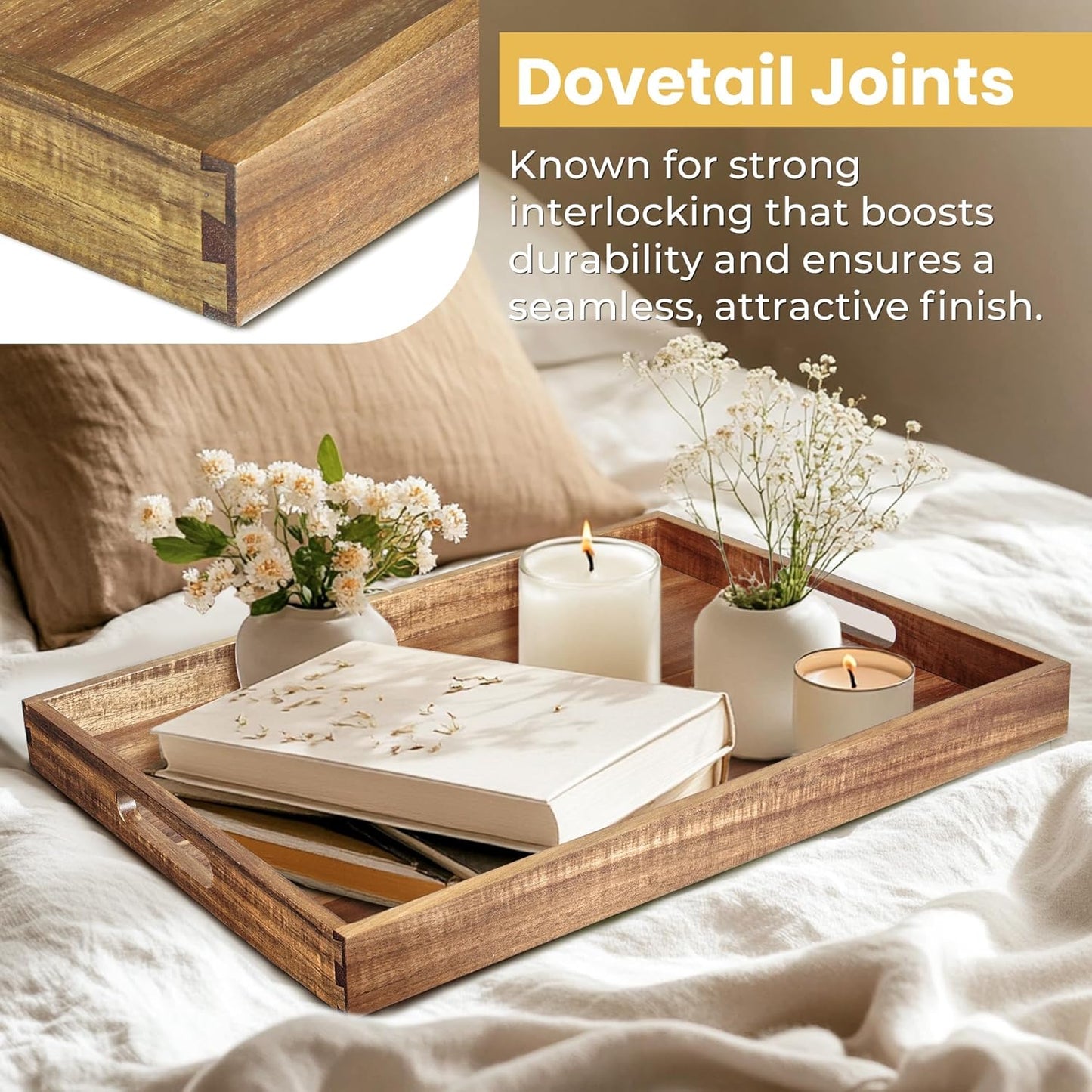 Acacia Wood Serving Tray with Handles£¨17 Inch£© ? Decorative Wooden Tray for Breakfast in Bed, Kitchen, or Serving on Couch, Coffee Table, Ottoman for Living Room, and More