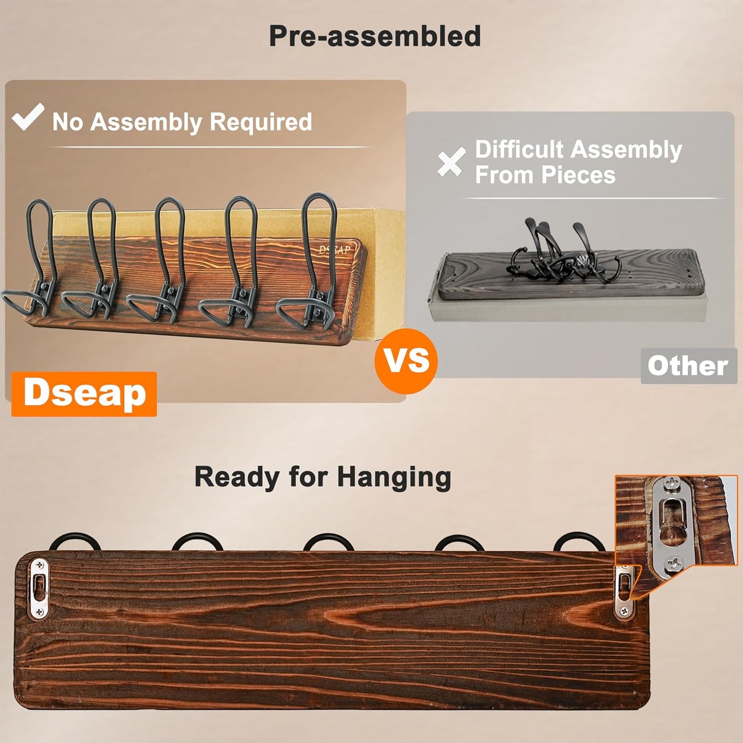Dseap Coat Rack Wall Mounted - Heavy Duty Farmhouse Rustic Wall Coat Hanger With 5 Wire Hooks for Clothes Hat Jacket Towel, RusticWire, G25A, Weathered Brown & Black