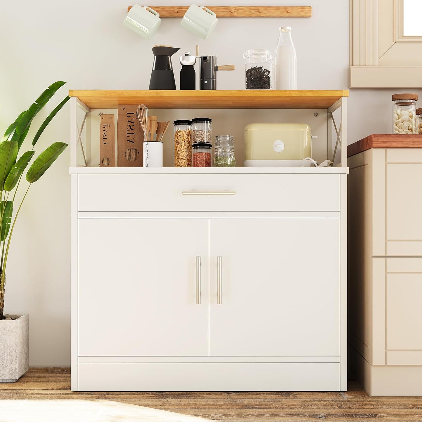 Vongrasig Sideboard Buffet Cabinet with Storage, 32” Modern Kitchen Storage Cabinet with Open Storage, Adjustable Shelf, Wood Farmhouse Coffee Bar Buffet Table for Kitchen, Dining Room, White