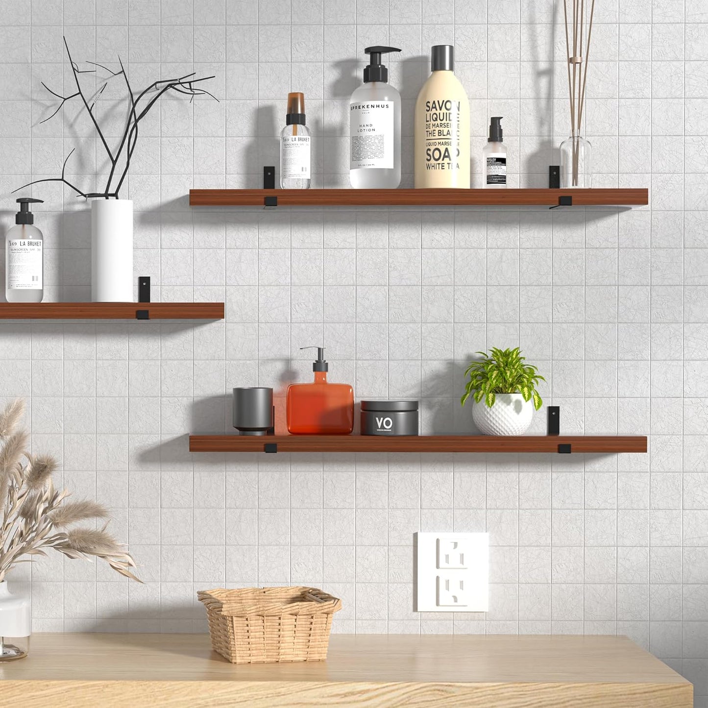 CONSDAN Floating Shelves for Wall Mounted Book Shelf Hanging Shelves Floating Bookshelf for Bedroom, Bathroom, Living Room, Kitchen USA Grown Solid Hardwood, Dark Maple 48x7.5x1.5 in (Set of 3)