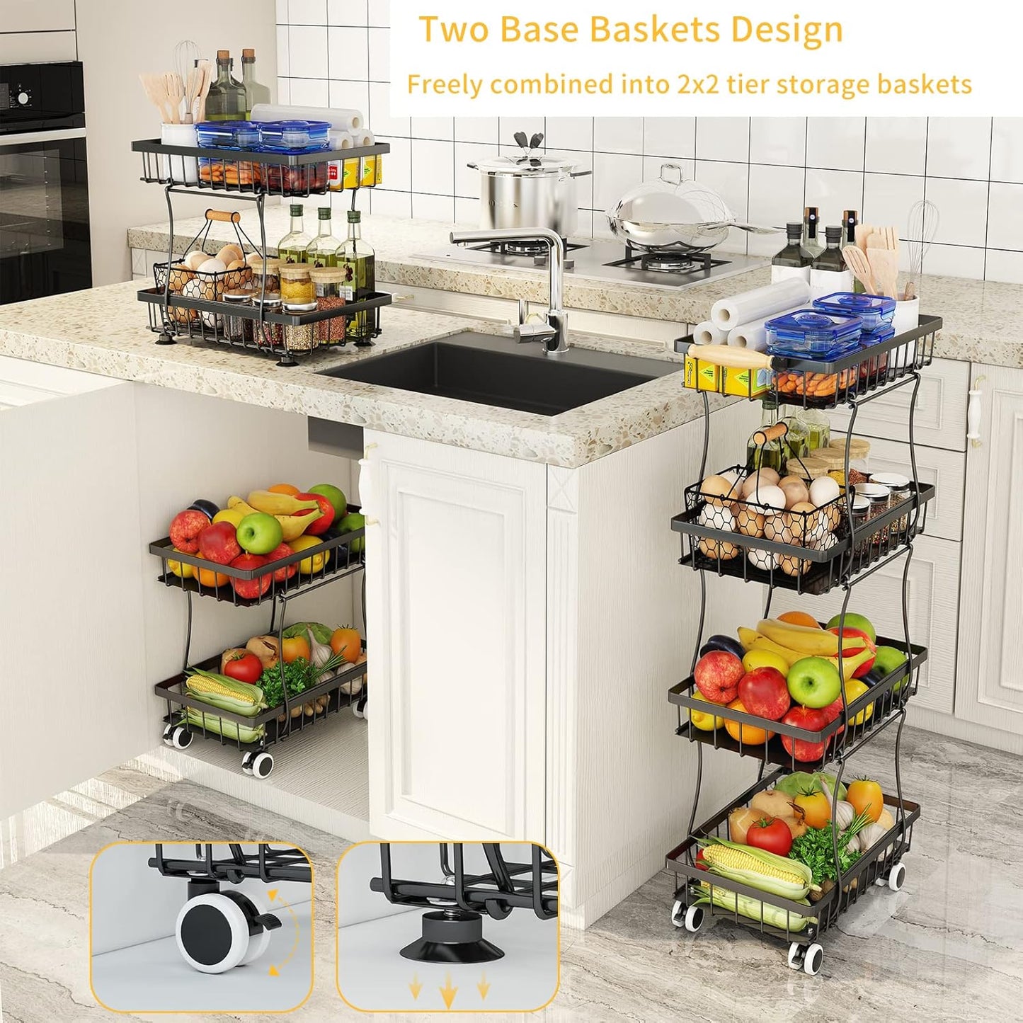 Fruit Vegetable Storage Basket for Kitchen - 4 Tier Slim Stackable Metal Wire Basket Cart with Rolling Wheels Utility Rack Onions Potatoes Organizer Bins for Kitchen Pantry Black