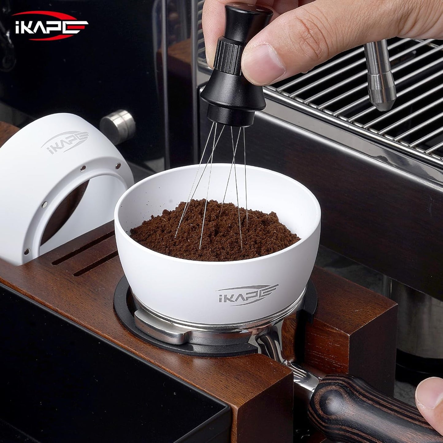 IKAPE Magnetic Dosing Funnel Set, 53MM Espresso Dosing Ring & Puck Screen Kit Compatible with Delonghi 54MM Bottomless Portafilter - with 8 Small Magnet (White)
