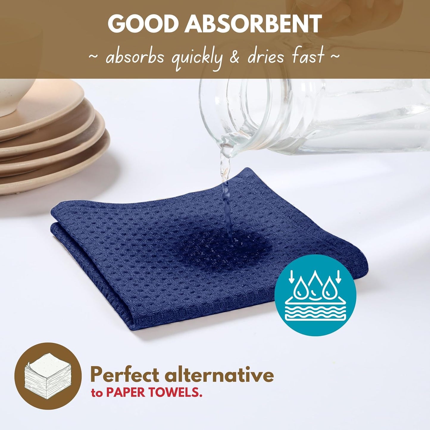 Native Fab 8-Piece Kitchen Towel Set, Includes 4 Dish Towels (16"x26") & 4 Dish Cloths (12"x12"), 100% Cotton, Absorbent & Durable, Ideal for Home & Kitchen Use - Indigo Blue