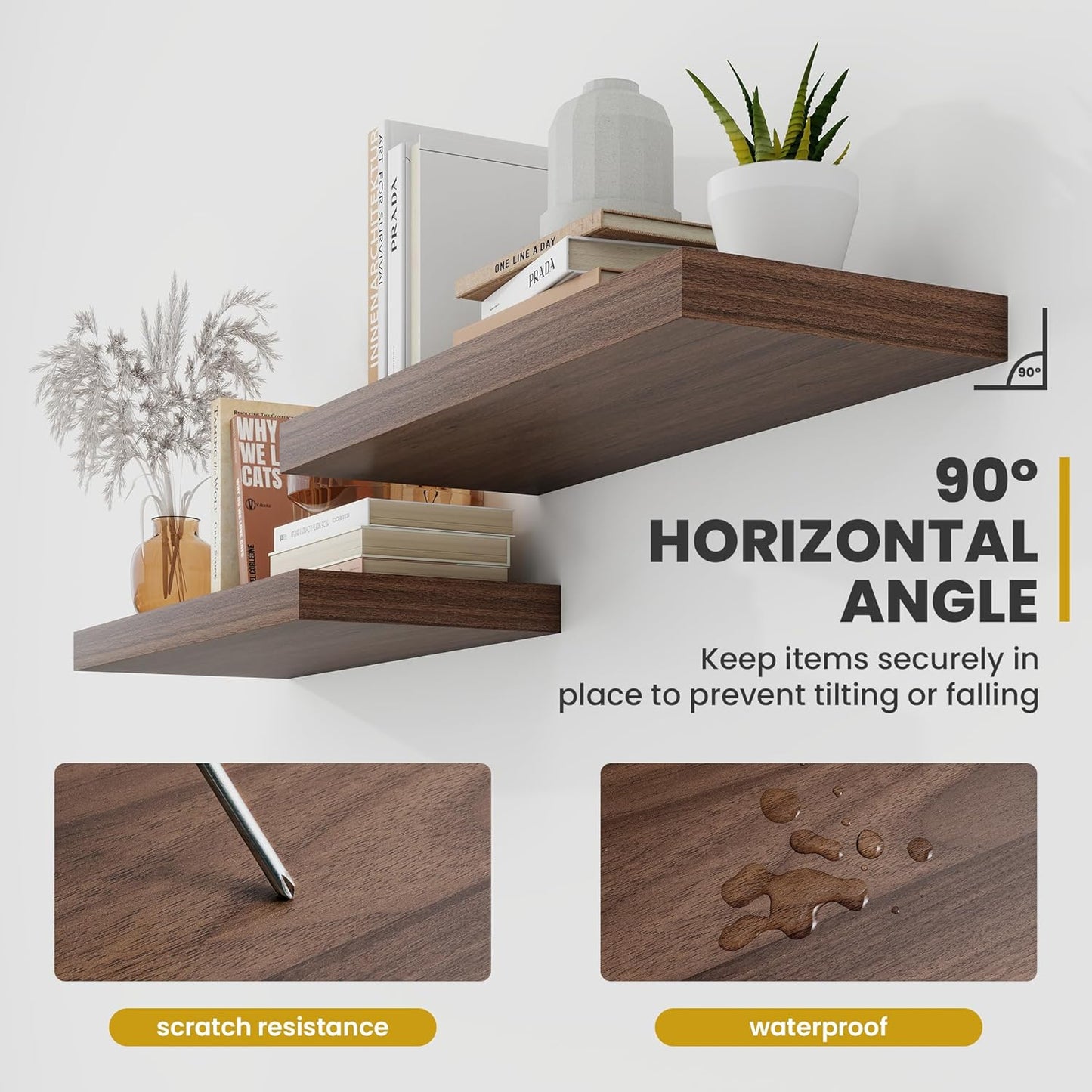 24 Inch Floating Shelves, 9.3" Deep Floating Shelf Wall Mounted, 24" Wall Shelves, Rustic Deep Bookshelf, Large Display Shelves & Storage Shelves for Bedroom, Living Room, Walnut, Set of 2