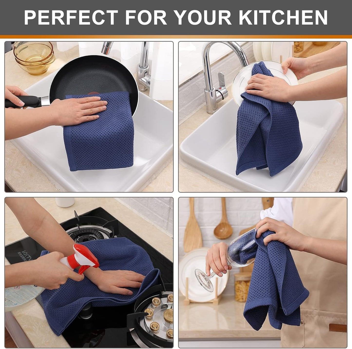 Kitinjoy 100% Cotton Waffle Weave Kitchen Towels, 4-Pack Super Soft and Absorbent Dish Towels for Drying Dishes, Kitchen Hand Towels, 13 in x 28 in, Navy Blue