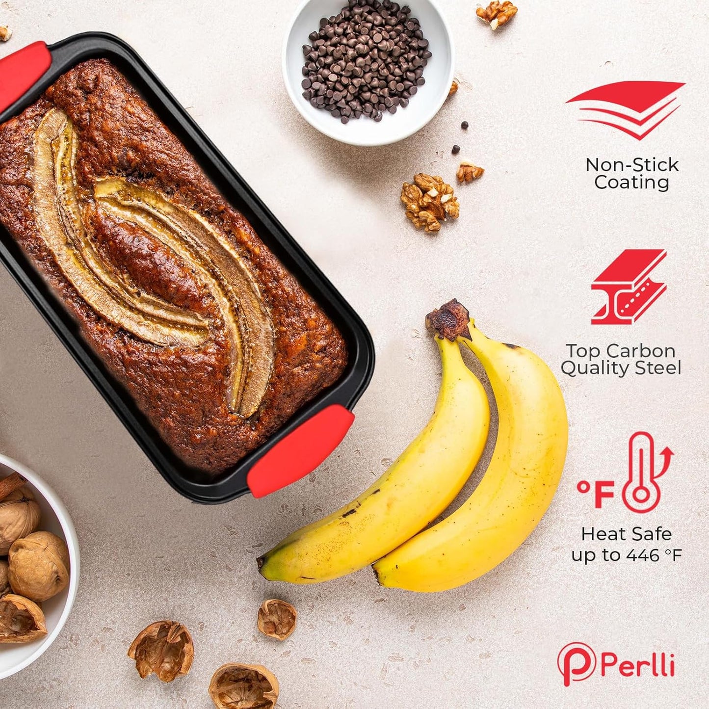 PERLLI Non-Stick 10-Piece Baking Pan Set, BPA-Free Carbon Steel Bakeware Set with Silicone Handles, Stackable Kitchen Oven Set, Cookie Sheet, Baking Tray, Baking Sheet Set, Oven Safe (446°F)