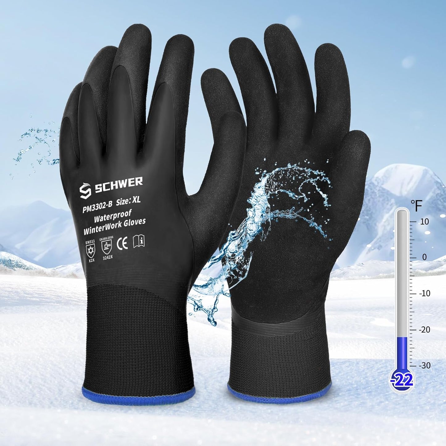 Schwer 2 Pairs FreezeGuard Winter Work Gloves, ANSI A2 Cut Resistant Freezer Gloves for Outdoor Cold Weather Keep Hands Warm, Waterproof Gloves for Shoveling Snow, Ice Fishing, XL