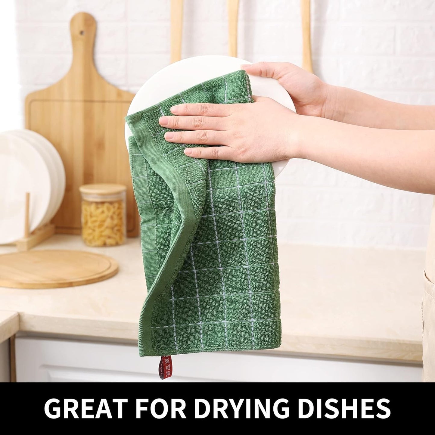 Homaxy 100% Cotton Terry Kitchen Dish Cloths, Ultra Soft and Absorbent Dish Towels for Kitchen, Suitable for Drying and Washing Dishes, 12 Pack, 12 x 12 Inches, Grass Green