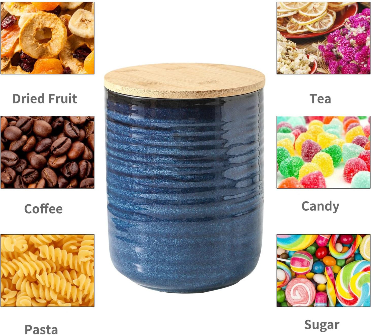 Hasense Ceramic Food Storage Jars with Bamboo Lids – 80oz + 24oz Kitchen Canister Set – 7.5" & 5.9" Airtight Containers for Coffee, Tea, Sugar, Flour – Pantry Organization Jar Set of 2（Blue）