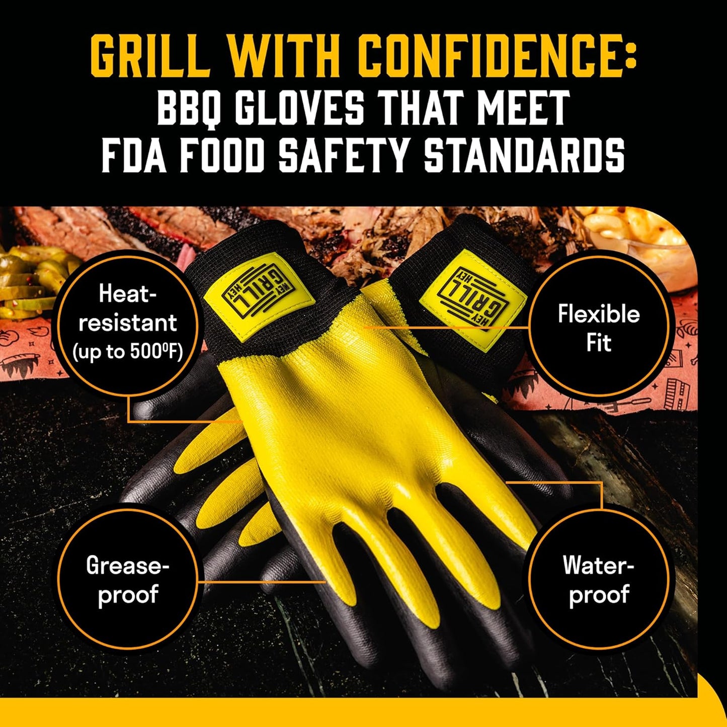 Hey Grill Hey Pitmaster Gloves | BBQ Gloves | Heat Protection up to 500°F or 260°C | High Temp Resistance | Fireproof Glove for Grilling Smoking Barbecue | Washable Mitts | Waterproof | Size - XL