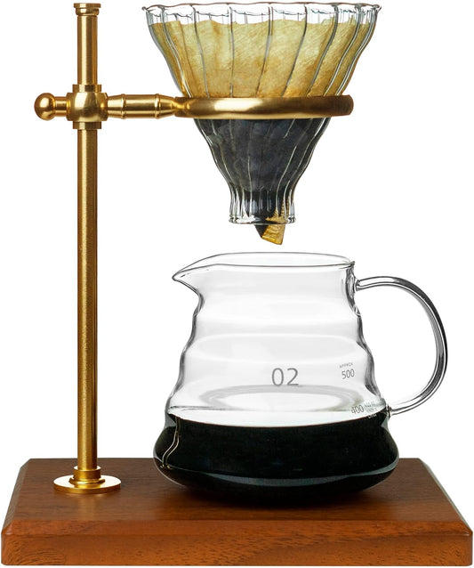 L'?PIC?A Pour Over Coffee Maker Set, Pour Over Coffee Maker with Stand, Adjustable Stainless Steel Stand, Wooden Base, Paper Filters, Cone Glass Coffee Carafe, Pour Over Coffee Dripper