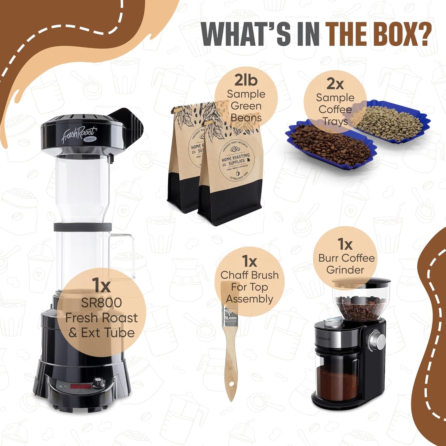 Fresh Roast Coffee Roaster Bundle SR800, Glass Extension Tube, Burr Grinder, (2 Lbs) Sample Pack of Green Beans, (2- pack) Sample trays