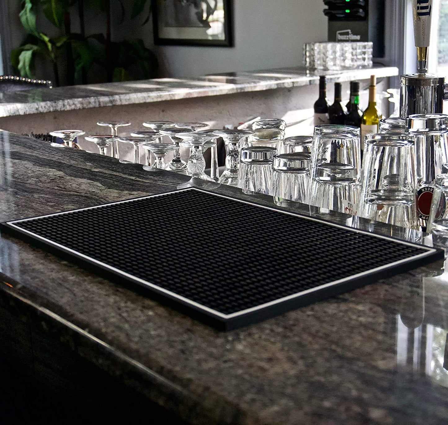 Highball & Chaser Premium Bar Mat 18in x 12in 1cm Thick Durable and Stylish Service Bar Mat for Spills, Coffee, Bars, Restaurants and Counter Top Dish Drying Mat, Glass Drying Mat (2 Pack Black)