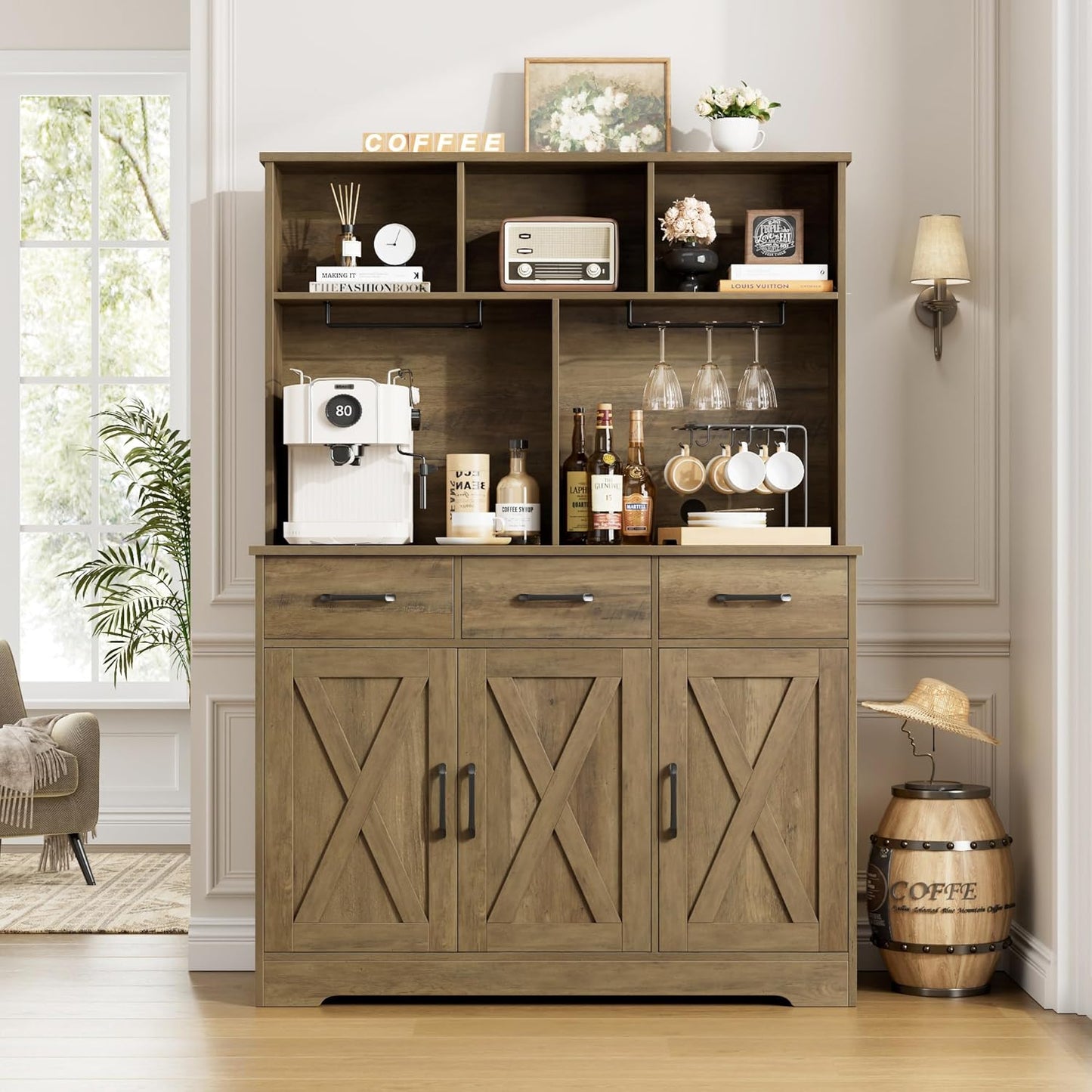 HOSTACK Buffet Cabinet with Hutch, Modern Farmhouse Kitchen Buffet Sideboard Storage Cabinet with 3 Drawers, Barn Door Coffee Bar Station for Dining Room, Living Room, Rustic Brown