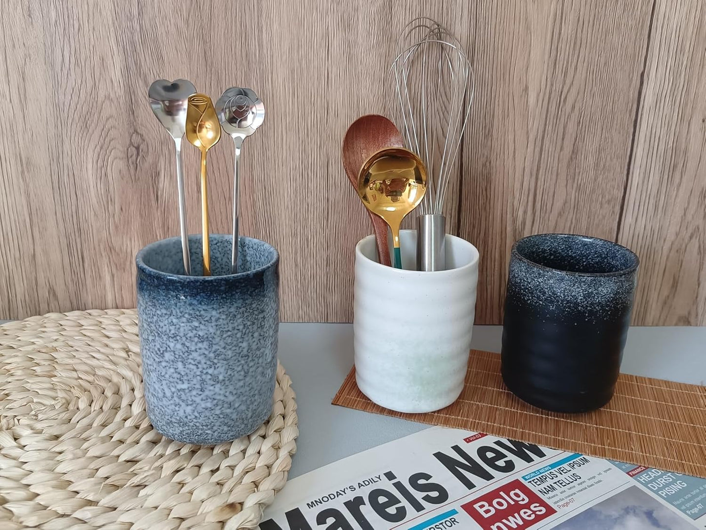 Stoneware Coffee Bar Utensil Holder Tea & Coffee Spoon & Stirrer Holder for Stir Stick Straw Teaspoon Holder Spoon Cup Small Utensil Jar (Spring Sprout)
