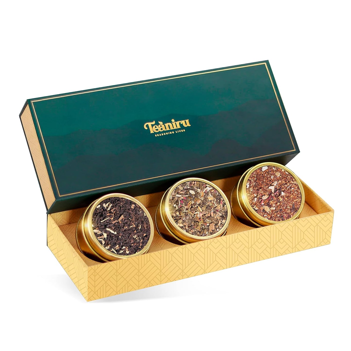 Teaniru, Grandeur Tea Collection | 3 Loose Leaf Tea Sampler | Variety Pack Assortment of Green, Herbal & Black Tea | Gluten Free & Sugar Free | Gift Set for Men & Women