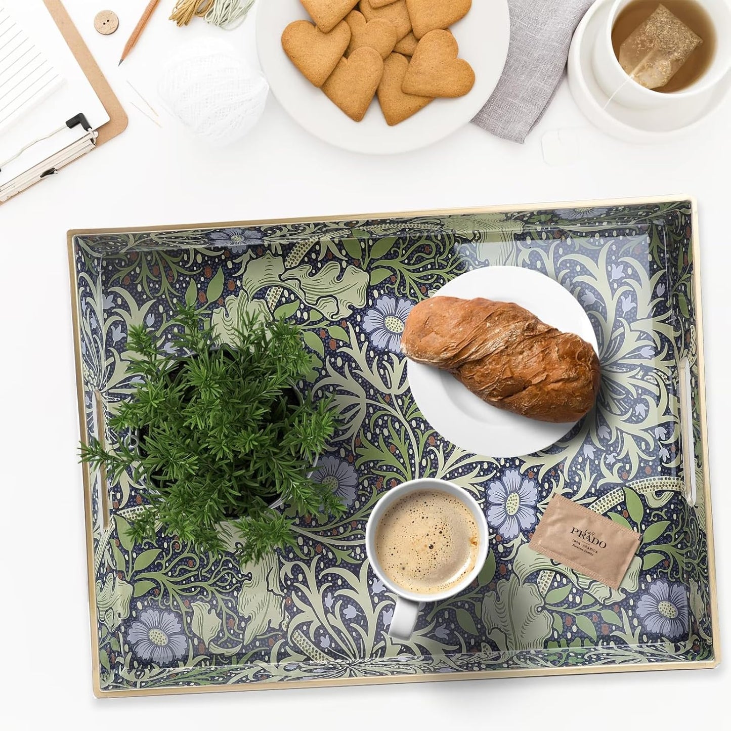 Spsyrine Serving Tray with Handles, Plastic Decorative Tray for Coffee Table, Living Room, Home Decor, Seaweed