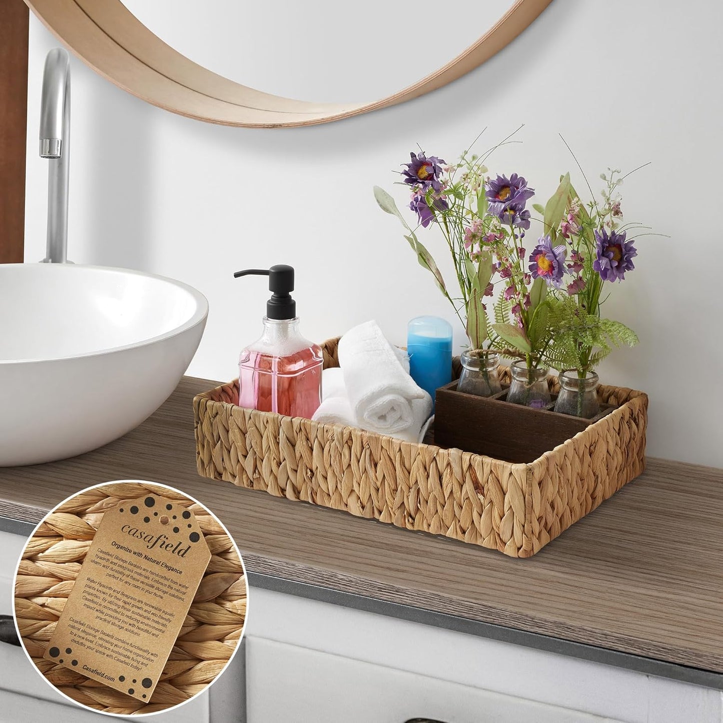 Casafield Set of 2 Bathroom Storage Baskets, Natural - Water Hyacinth, 15.75" W x 11.25" D x 3.25" H, Woven Toilet Tank Topper Bins for Organizing Tissues, Toilet Paper, Toiletries, Shelves