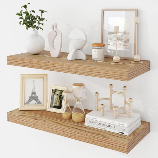24 Inch Floating Shelves, 9.3" Deep Floating Shelf Wall Mounted, 24" Wall Shelves, Rustic Deep Bookshelf, Large Display Shelves & Storage Shelves for Bedroom, Living Room, Light Brown, Set of 2