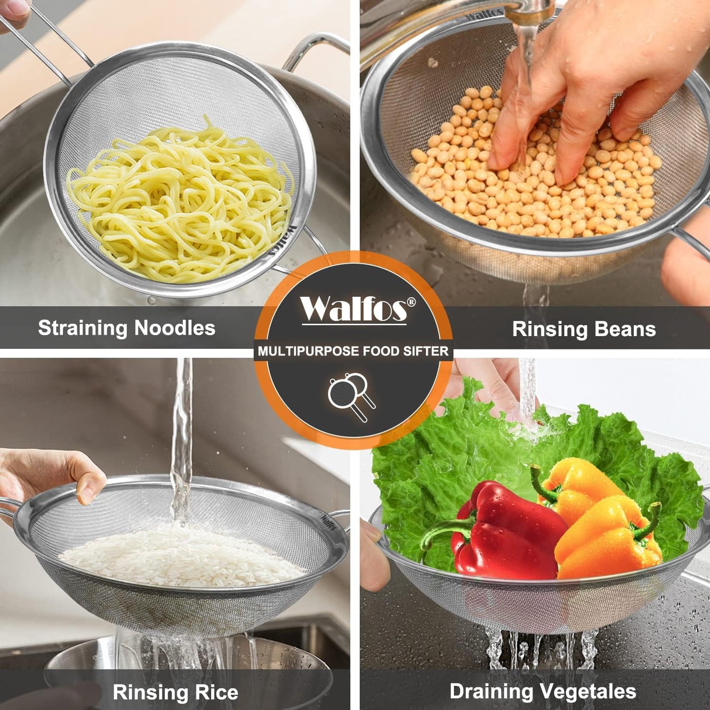 Walfos 8 Inch Fine Mesh Strainer, Premium Stainless Steel Colanders and Sifters, with Reinforced Frame and Sturdy Handle, Perfect for Sift, Strain, Drain and Rinse Vegetables, Pastas and Tea