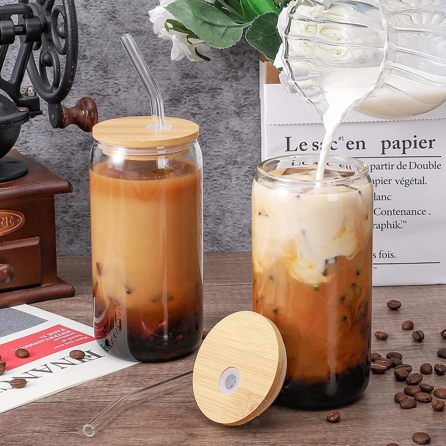 Glass Cups with Lid and Straw, 16oz Beer Glasses Glass Coffee Cups, Iced Coffee Cups with Lid, Glass Tumbler with Straw and Lid (8 PACK)