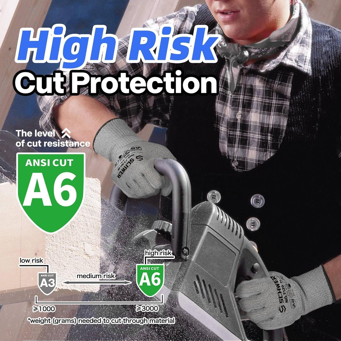 Schwer 3 Pairs Cut Resistant Gloves ANSI A6 Cut Proof Work Gloves, Touchscreen, for Men and Women Used to Woodworking, Glass Cutting, Construction, Cargo Handling, Material Sorting, Car Repair, M