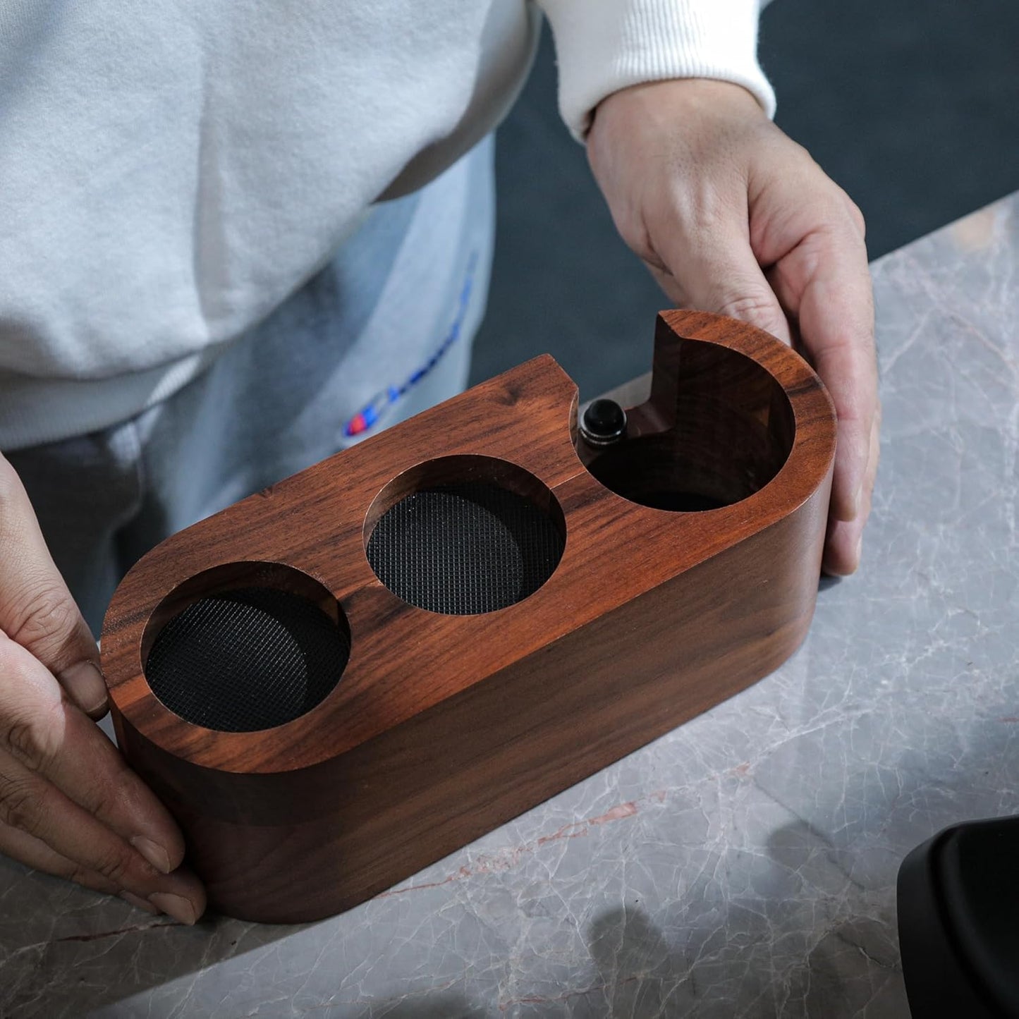 58mm Espresso Tamper Station Rosewood KNODOS Espresso Machine Accessories For Coffee Bar Wooden Coffee Tamping Box and Portafilter Holder