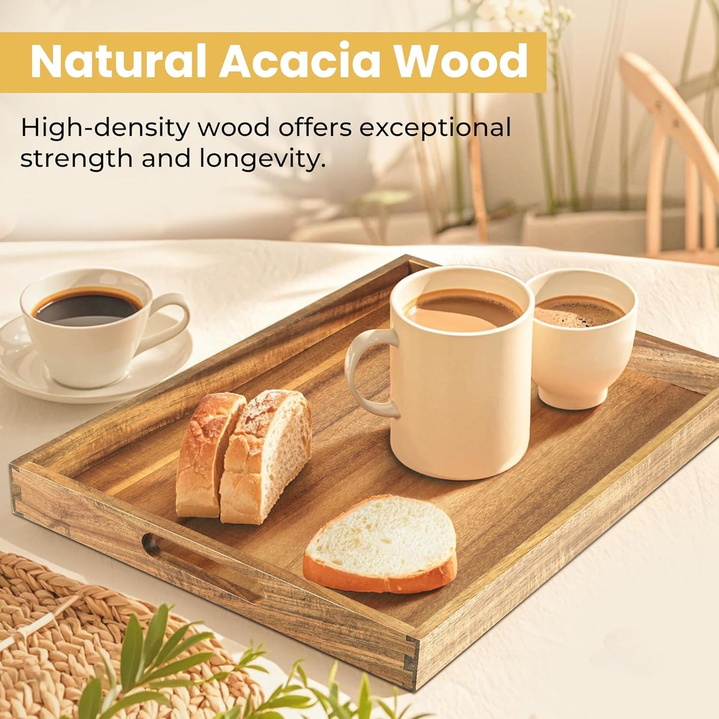 Acacia Wood Serving Tray with Handles£¨17 Inch£© ? Decorative Wooden Tray for Breakfast in Bed, Kitchen, or Serving on Couch, Coffee Table, Ottoman for Living Room, and More