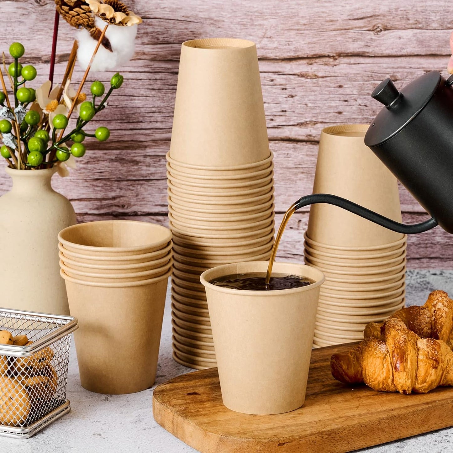 LITOPAK 100 Pack 10 oz Kraft Paper Coffee Cups for Water, Juice, and Tea, Disposable Hot Coffee Cups for Home, Restaurant, Store, and Cafe