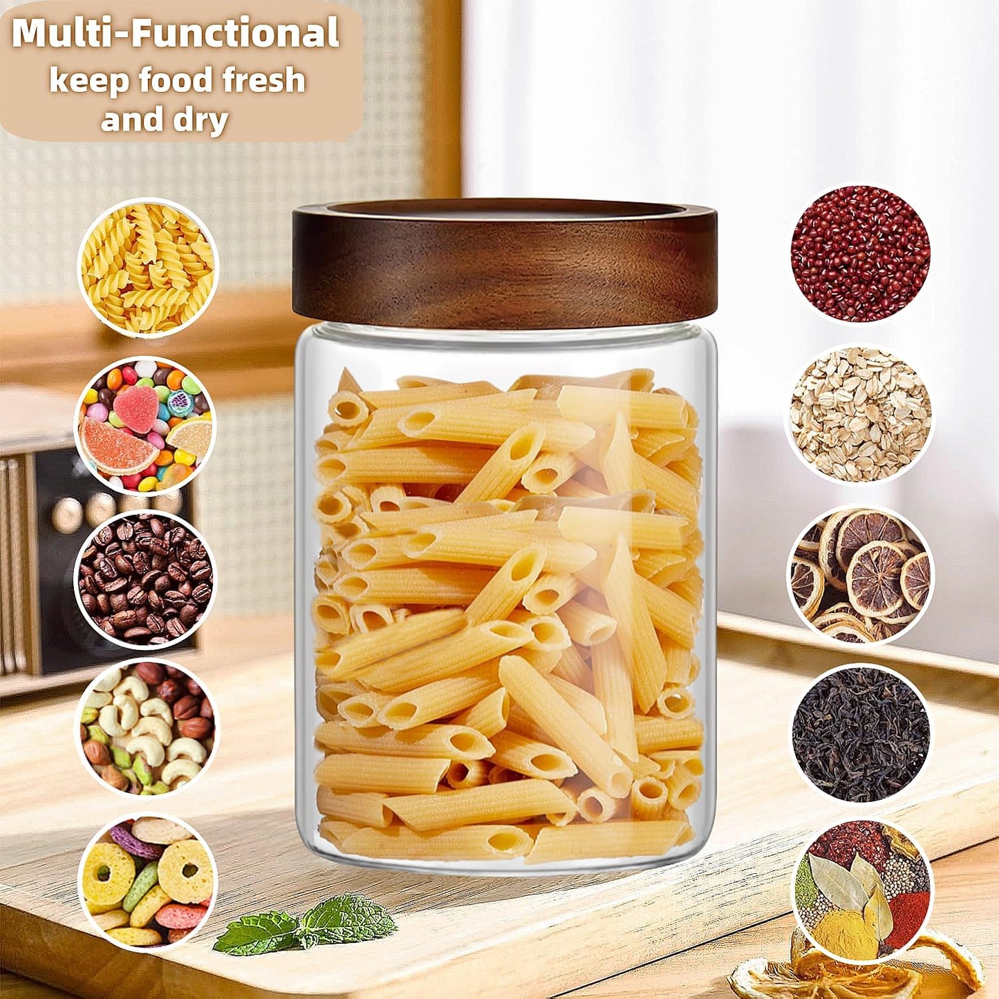 17 Fl oz/500 ml Glass Food Storage Jar, Premium Clear Glass Container Jar with Airtight Wooden Screw Lid, Kitchen Canisters for Coffee,Tea,Pasta,Cookies, Nuts,Spice,Candy,Overnight Oatmeal（Small)