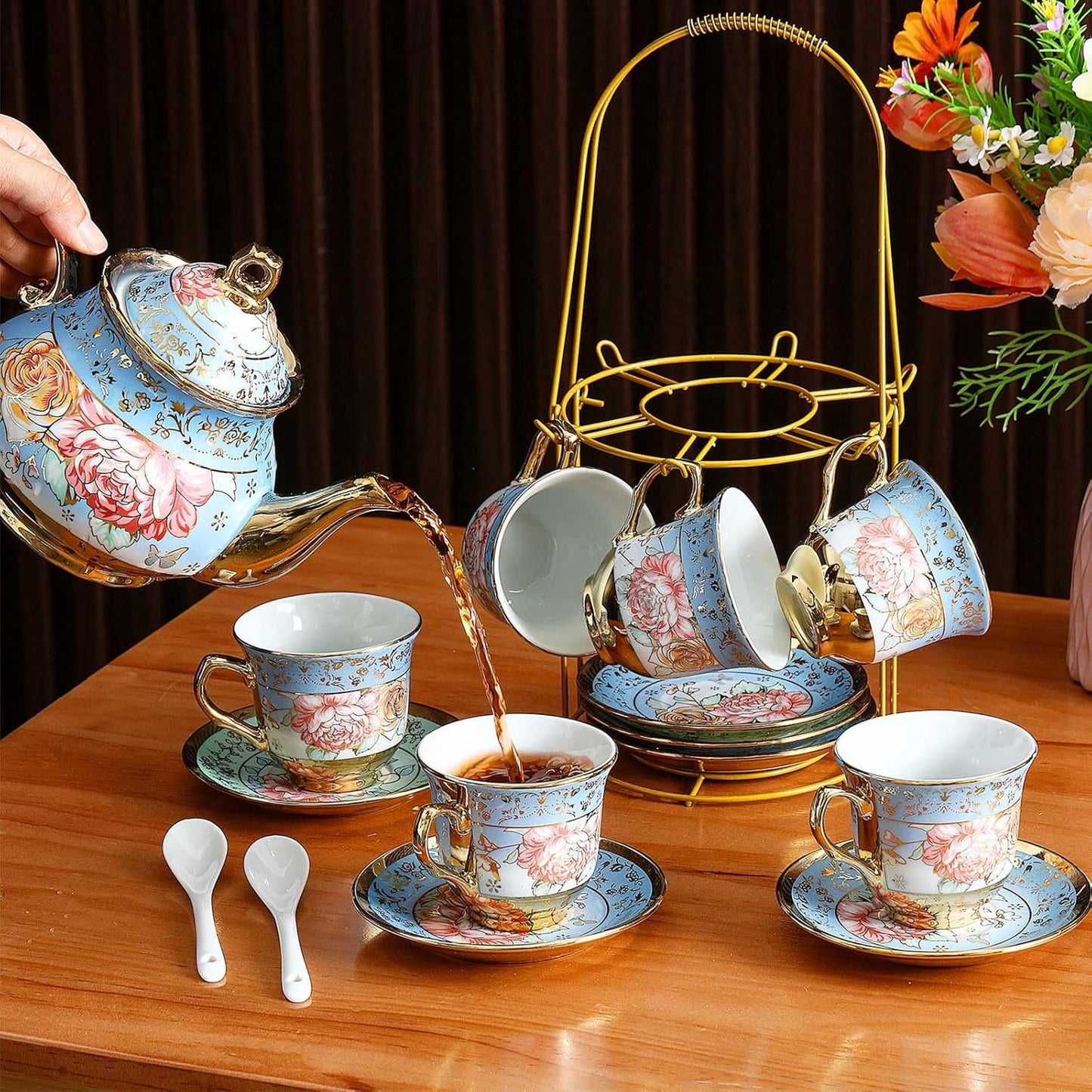 Zhehao 20 Pcs Porcelain Tea Set with Metal Holder and Spoon Adult Ceramic Tea Party Set European Flower Painting Teapot Cup Saucer Spoon Set for Women, Large Version(Simple Style)