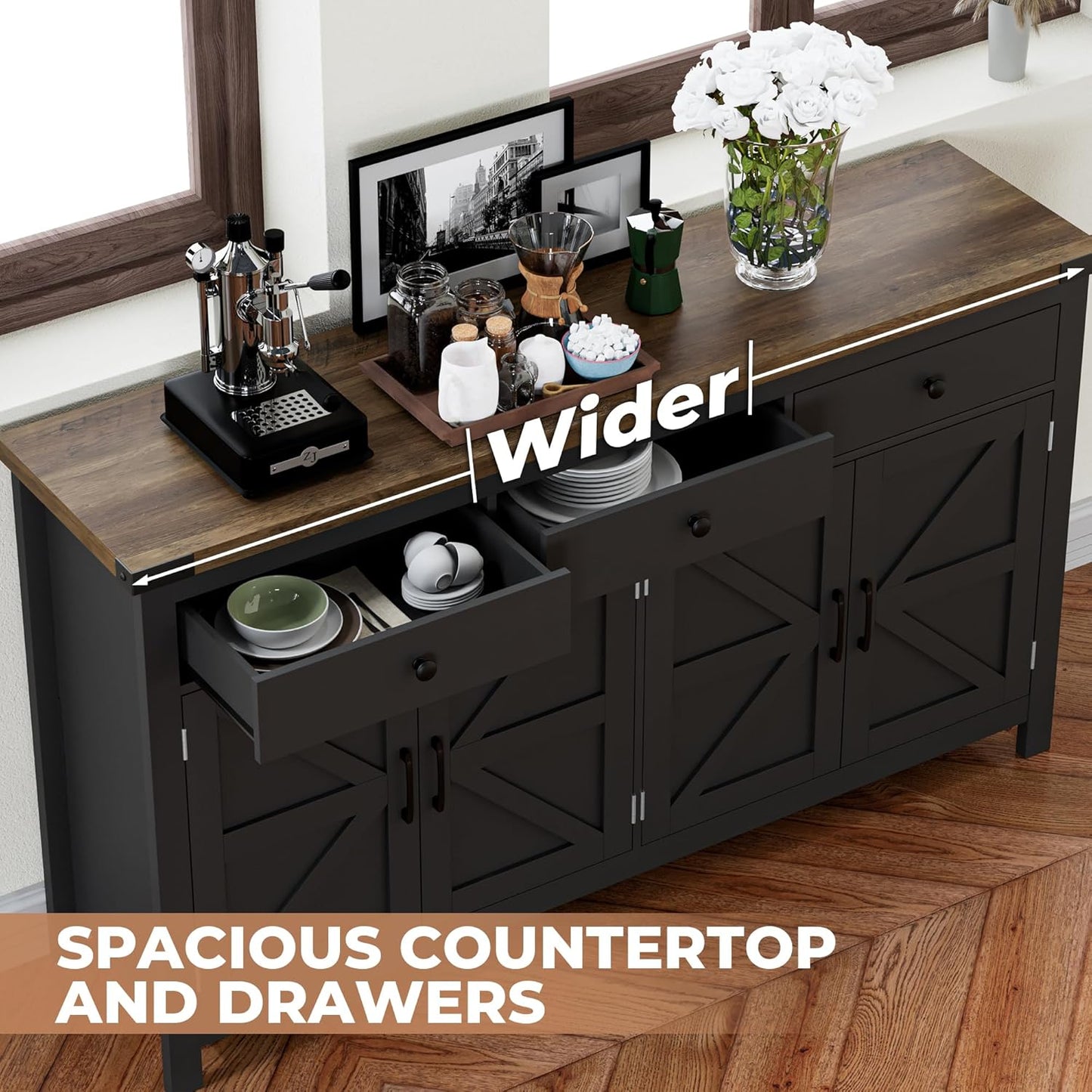63" Sideboard Buffet Cabinet with Storage, Coffee Bar with 3 Drawers and 4 Barn Doors, Long Wider Storage Cabinet Modern Farmhouse, Black Wood, for Kitchen, Dining Room, Living Room