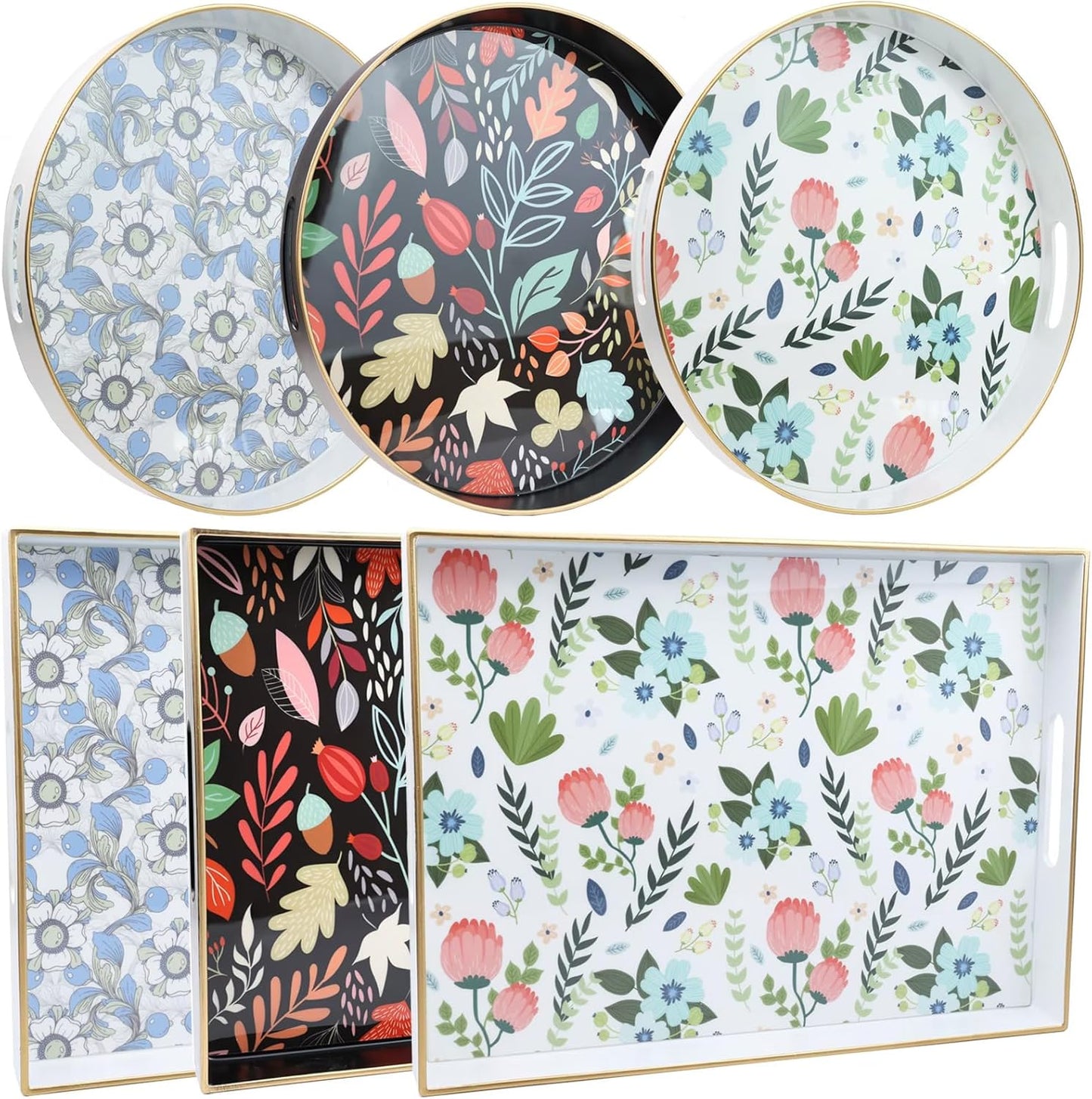 Round Serving Tray with Handles, Coffee Table Tray for Ottoman, Organizer Vanity Tray for Living Room, Outdoor Tray for Patio Entertaining, Serving Breakfast Kitchen Platter LEE33BH