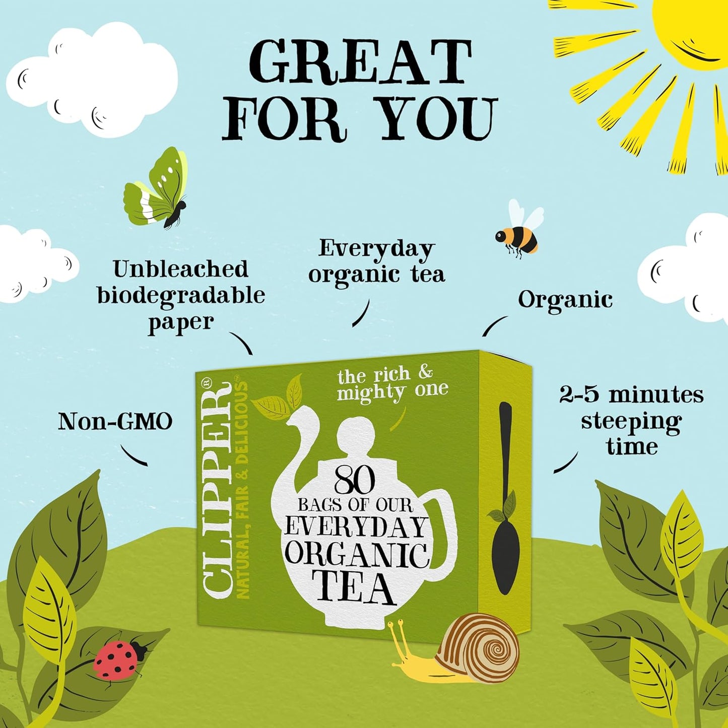 Clipper Tea, Organic Fairtrade Everyday, Organic, USDA Non-GMO, Fair Trade, Sustainable Caffeinated Tea, 1 Pack, 80 Unbleached Tea Bags