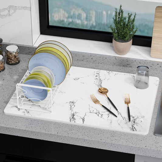 Large Stone Drying Mat for Kitchen Counter, 24" ¡¿ 16" Diatomite Dish Drying Mat, Quick Dry Stone Mats, Ultra Absorbent Natural Diatomaceous Earth Mats for Dished, Bottles, White Marble