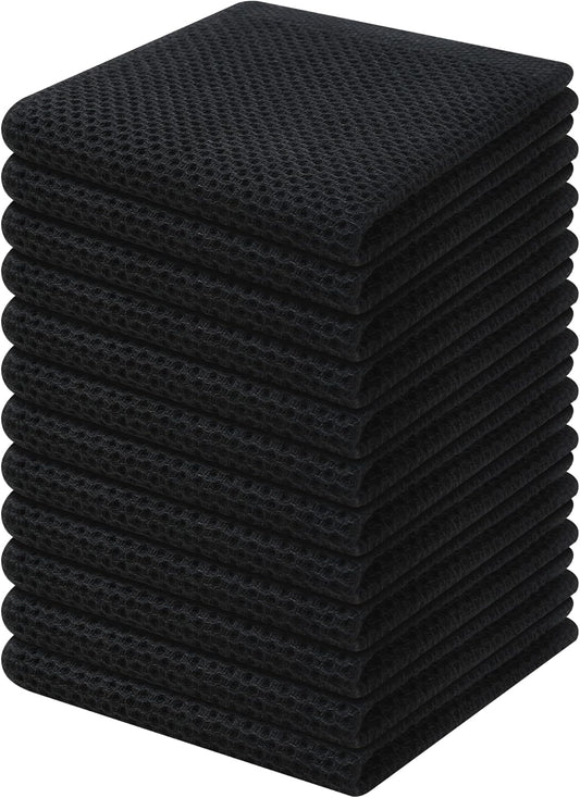 Kitinjoy 100% Cotton Kitchen Dish Cloths, 12 Pack Waffle Weave Ultra Soft Absorbent Dish Towels for Drying Dishes Quick Drying Kitchen Towels Dish Rags, 12 X 12Inch, Black