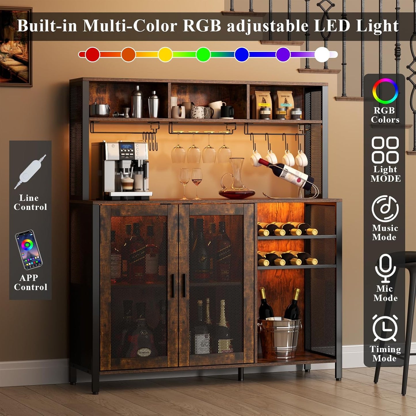 Loomie Wine Bar Cabinet with LED Lights, Industrial Coffee Bar with 3 Storage Compartments & Wine Rack &Glass Holder,Sideboard Buffet for Liquor and Glasses,Liquor Cabinet,Rustic Brown