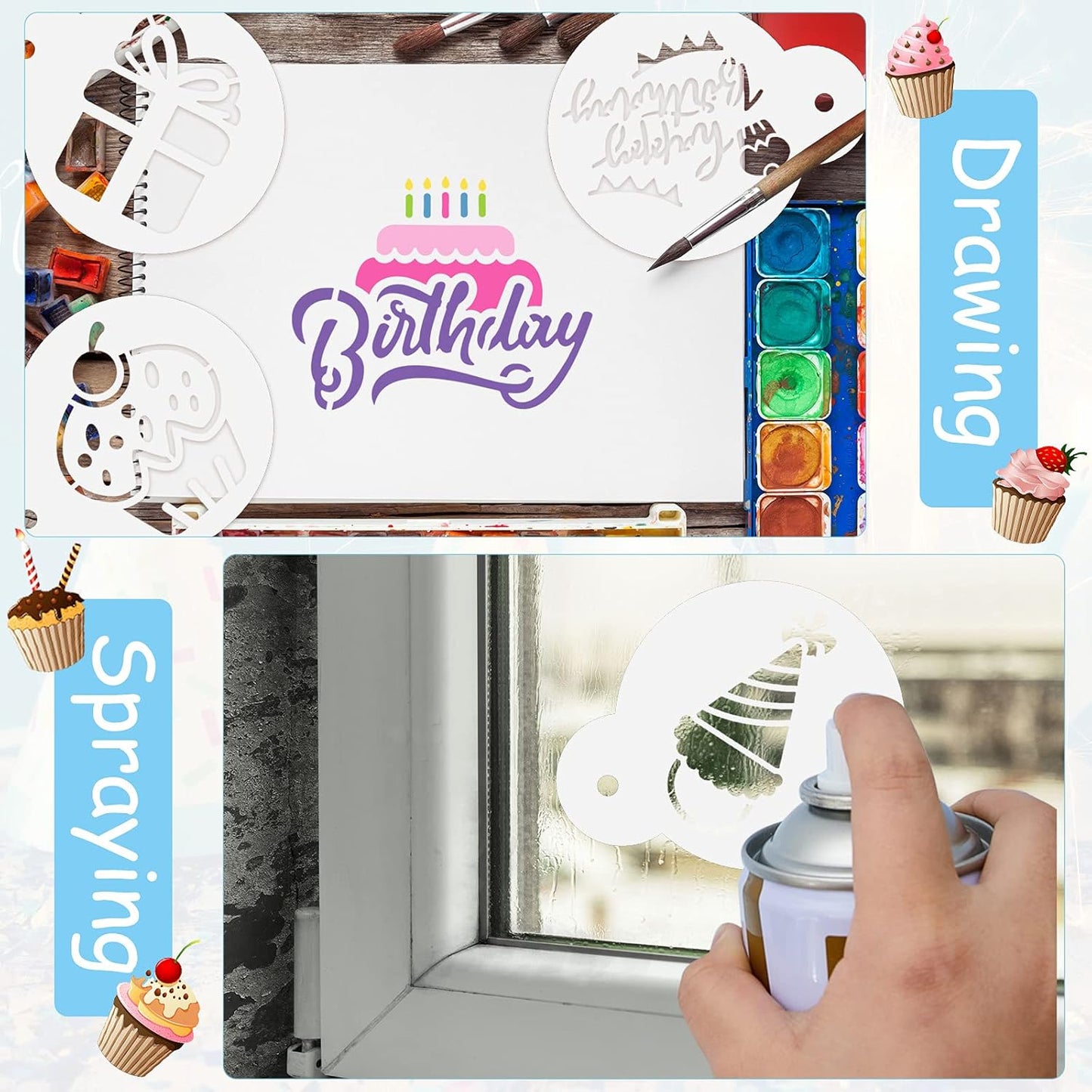 20 Pieces Birthday Cookie Stencil Templates Decoration Cookie Stencil for Birthday Coffee Cake Templates Reusable Painting Mold Tools, Dessert, Coffee Decorating Mold(Cake Style)