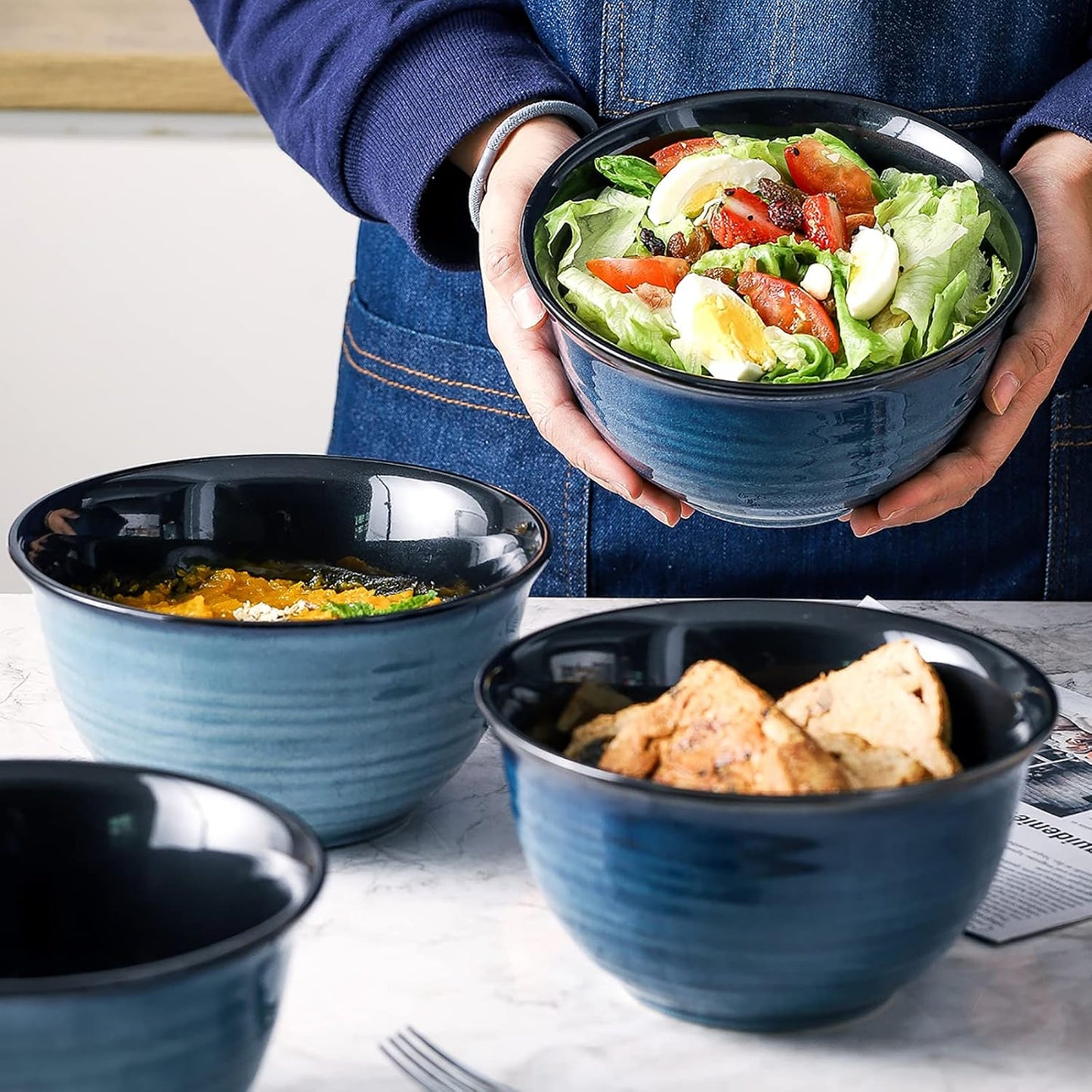 Hasense Ceramic Soup Bowls Set of 4, 40 Ounce Large Cereal Bowls for Kitchen, 7 Inch Serving Bowls for Salad Pasta Ramen Pho Popcorn, Dishwasher Microwave Safe, Navy Blue