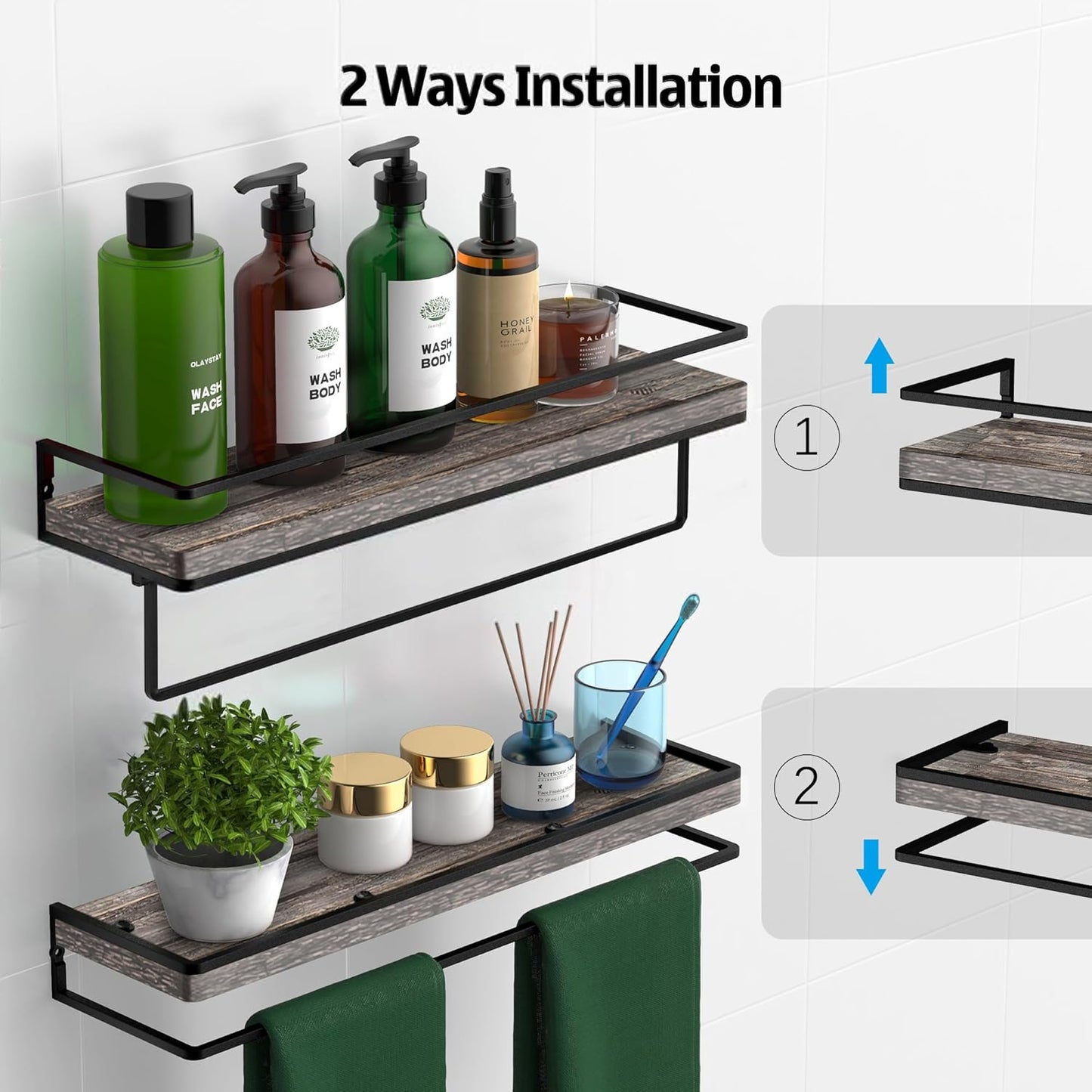 Meangood Floating Shelves Wall Mounted Set of 2, Wall Shelf with Towel Bar Rustic Wood Wall Storage Shelves for Bedroom,Living Room,Bathroom, Kitchen Pine