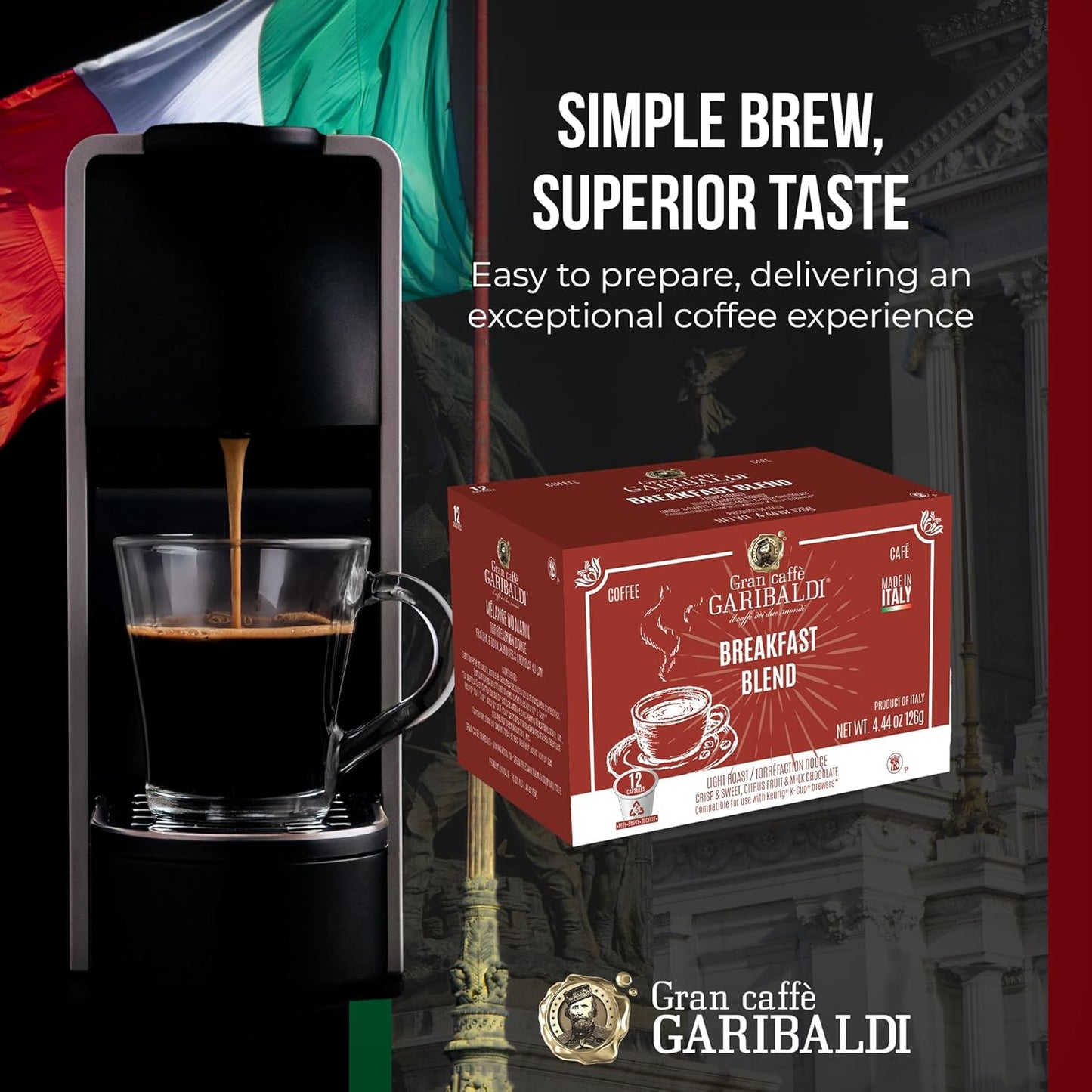 Caffè Garibaldi Italian Roast Coffee Pods, Single-Serve Capsules for Keurig K-Cup Brewers with 100% Arabica Blend, Single Serve Cups for Coffee Makers, Recyclable 12 Count K-Pods - Dark Roast