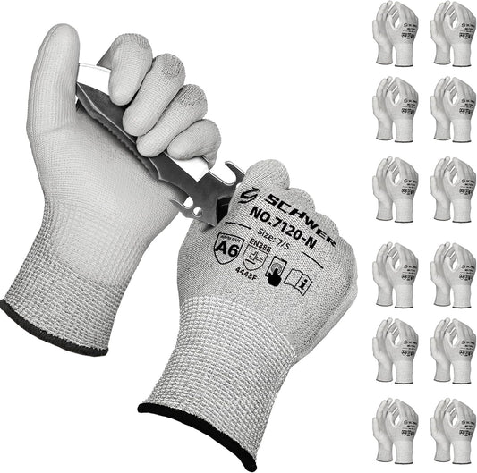 Schwer 12 Pairs ANSI A6 Cut Resistant Gloves CR7120 Cut Proof Work Gloves, Touchscreen, for Men and Women Used for Woodworking, Glass Cutting, Construction, Cargo Handling, Car Repair, XS