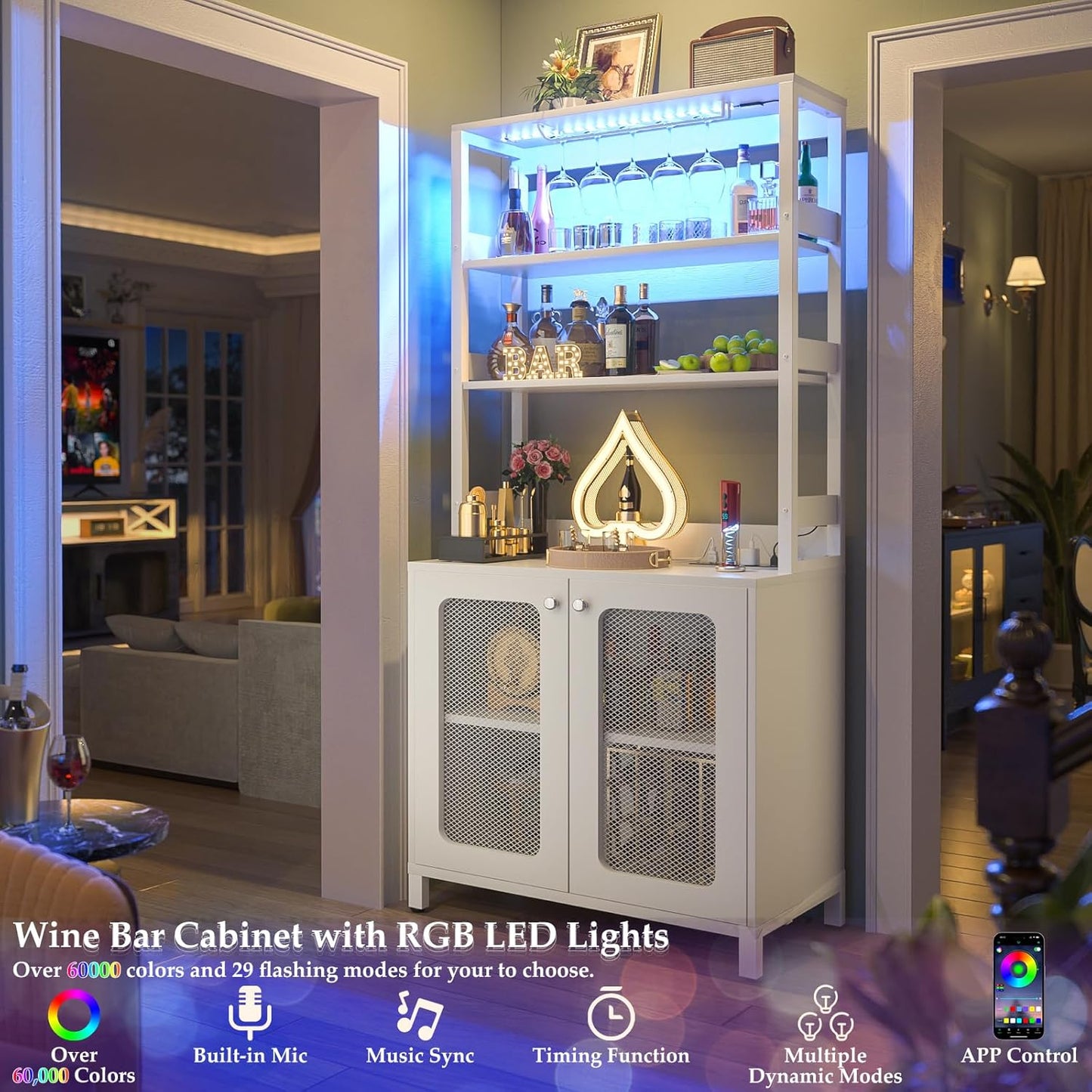 Aheaplus Bar Cabinet with Power Outlets, 67" Tall Wine Bar Cabinet Liquor Cabinet with LED Lights and Glass Holder, Coffee Bar Station for Living Room, Microwave Stand Bakers Rack Cabinet, White