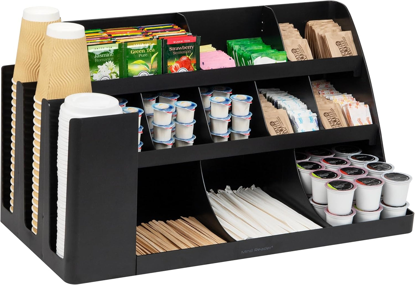 Mind Reader Cup and Condiment Station, Countertop Organizer, Coffee Bar, Kitchen, Stirrers, 24"L x 11.5"W x 12.5"H, Black