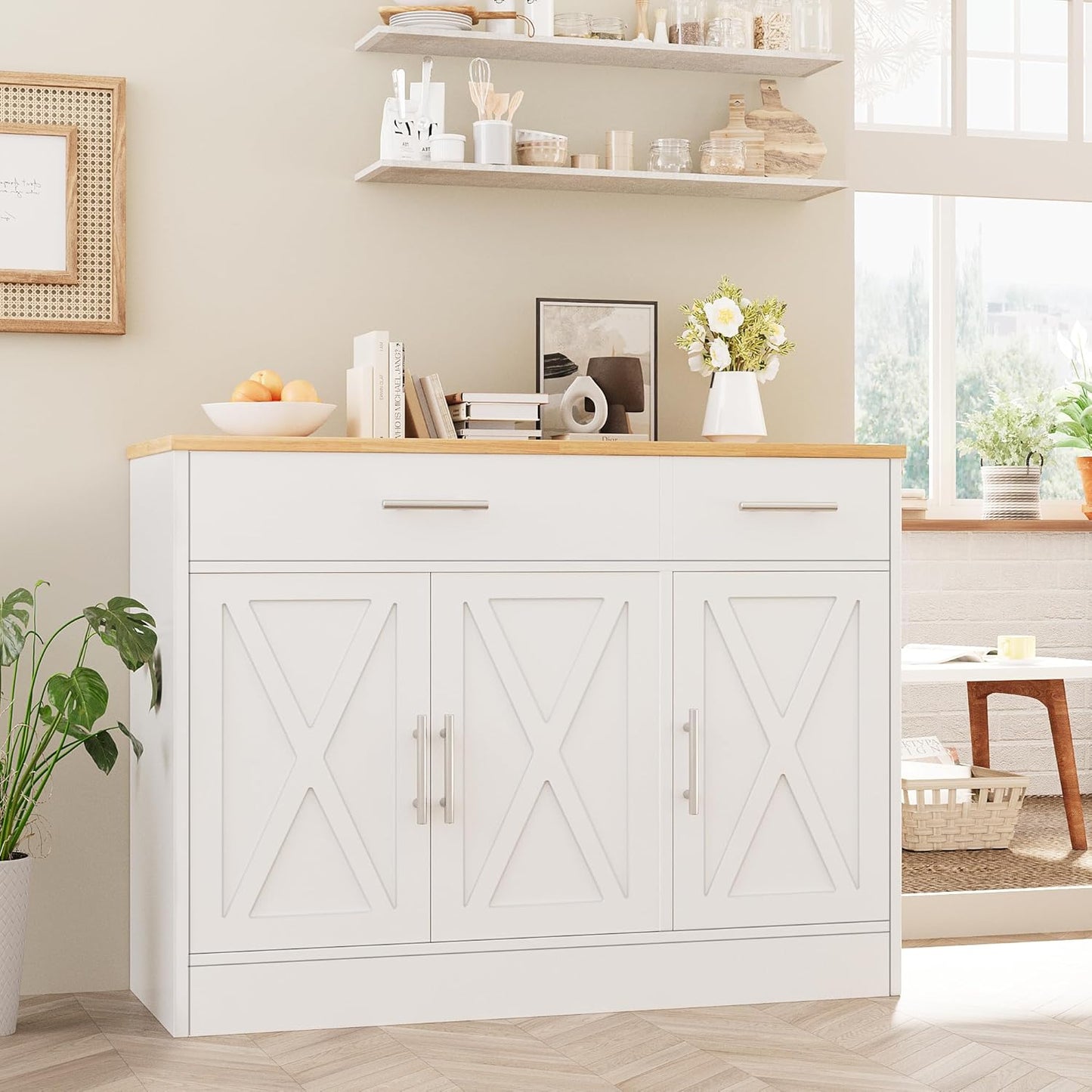 Vongrasig 43” Sideboard Buffet Cabinet with Storage, Farmhouse Coffee Bar with Drawers and Shelves, Wood Buffet Table for Kitchen, Dining Room, White