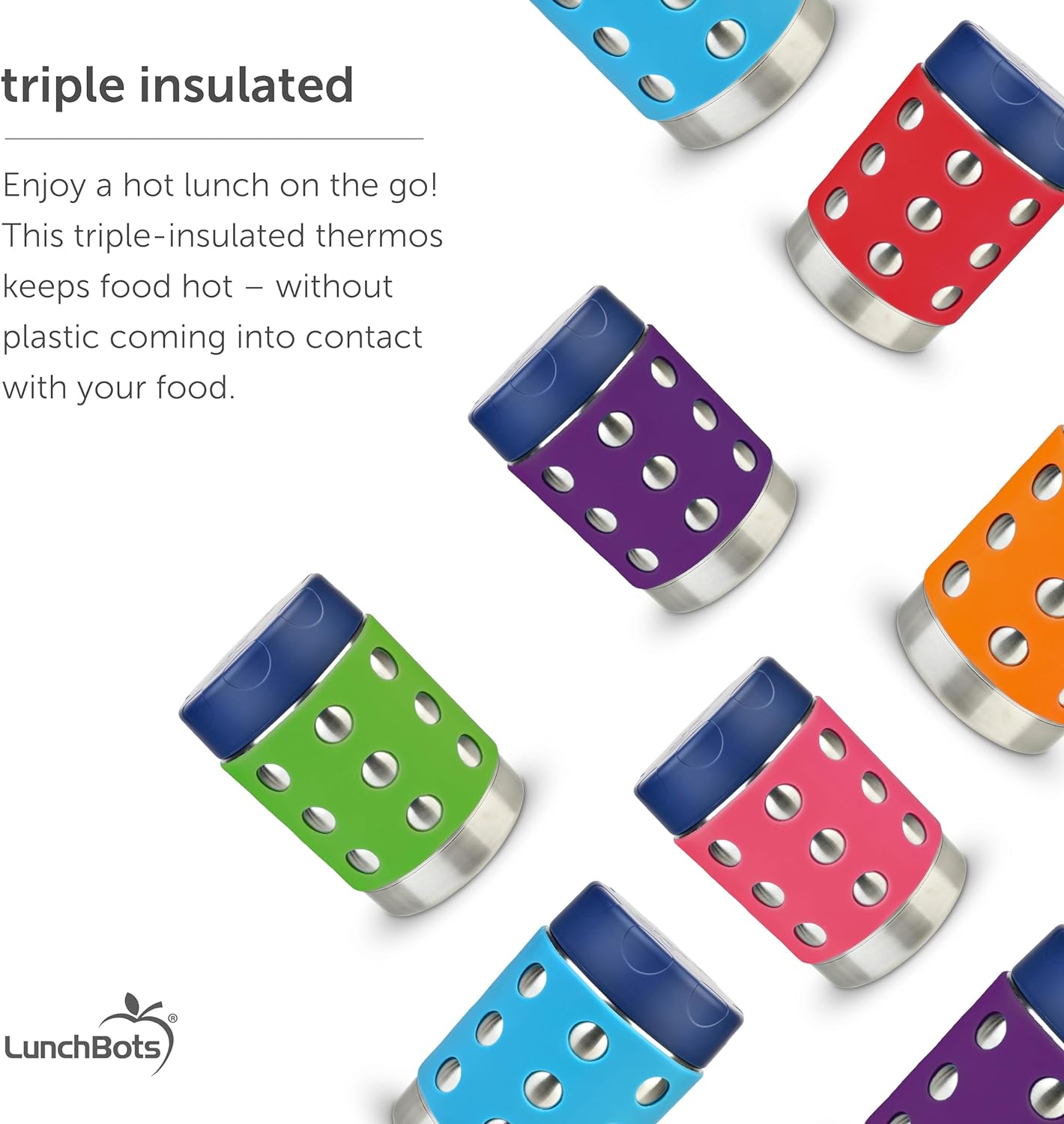 LunchBots Thermal 12 oz Triple Insulated Thermos - Hot 6 Hours or Cold 12 Hours - Leak Proof Thermos Soup Jar - All Stainless Interior - Navy Lid - Purple Dots