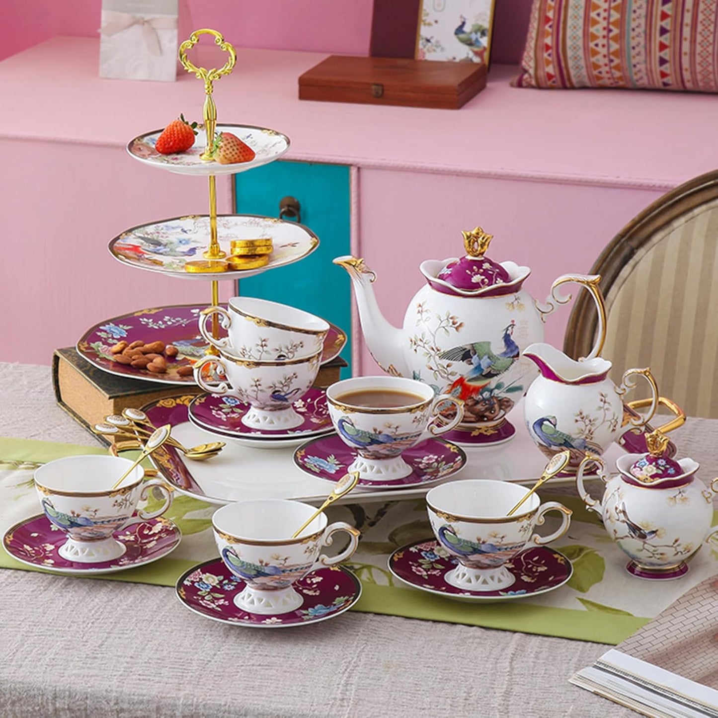 ACMLIFE Fine Bone China Tea Set for Adults with Teapot, Porcelain Tea Sets 21-Piece Vintage Floral English Tea Set for 6, China Tea Sets 24K Gold Bone China Tea Pot and Cups Set Gifts for Women