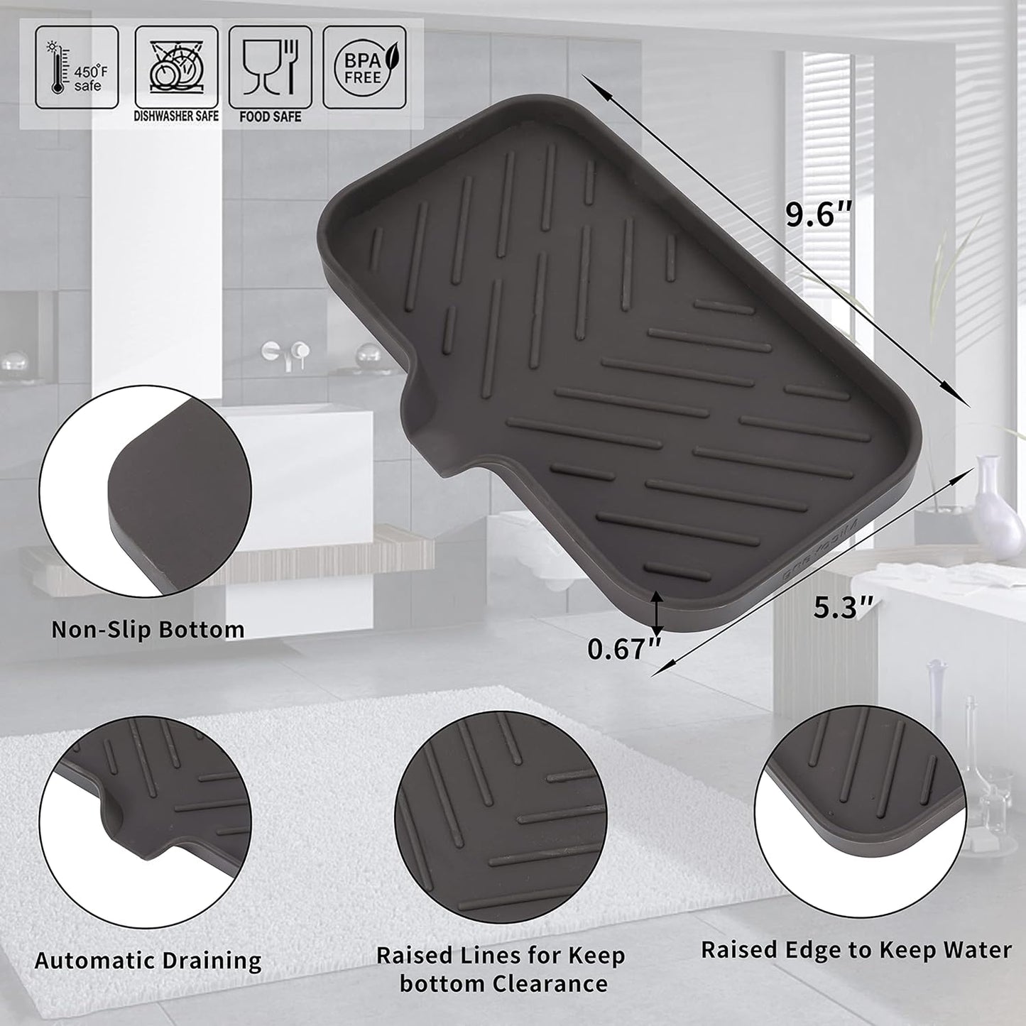 Silicone Bathroom Soap Dishes with Drain Spout-Bathroom and Kitchen Sink Organizer,Sponge Holder,Dish Soap Tray,Perfect for Dispenser,Scrubber,Bottle,Cup on Sink or Counter-Coffee 9.6"×5.3"