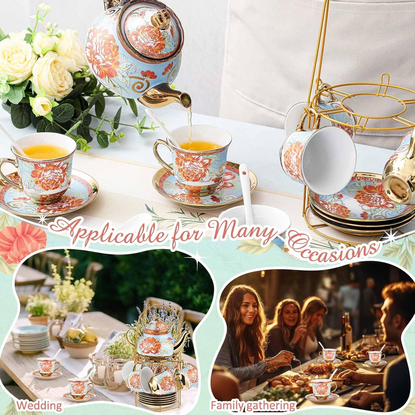 Zhehao 20 Pcs Porcelain Tea Set with Metal Holder and Spoon Adult Ceramic Tea Party Set European Flower Painting Teapot Cup Saucer Spoon Set for Women, Large Version(Retro Style)